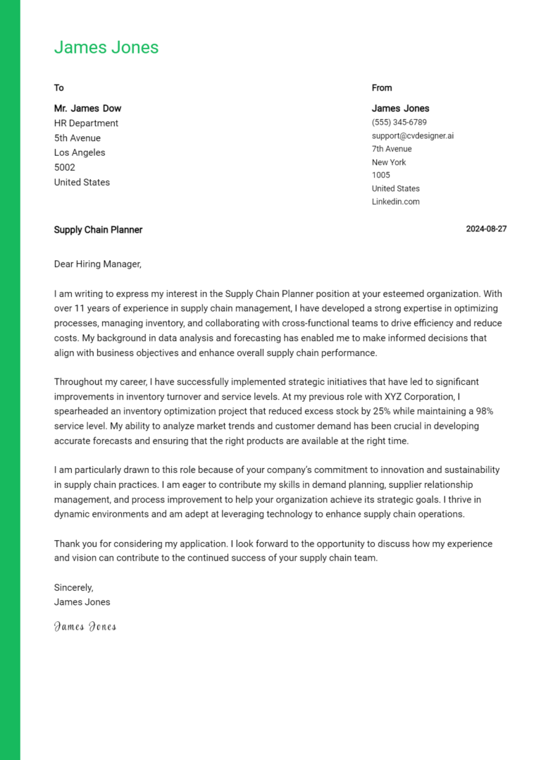 Supply Chain Planner Cover Letter Example for 2025 (Download Templates) 1 Supply Chain Planner Cover Letter Example for 2025 (Download Templates)