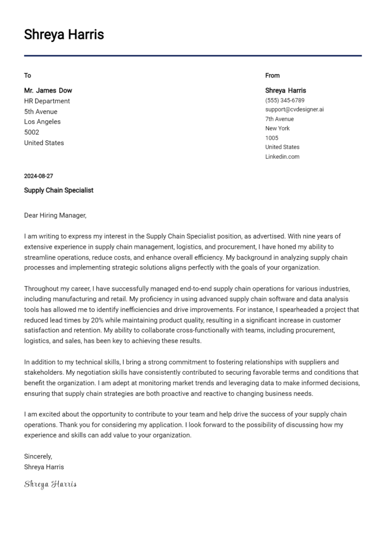 Supply Chain Specialist Cover Letter Examples and Templates for 2025
