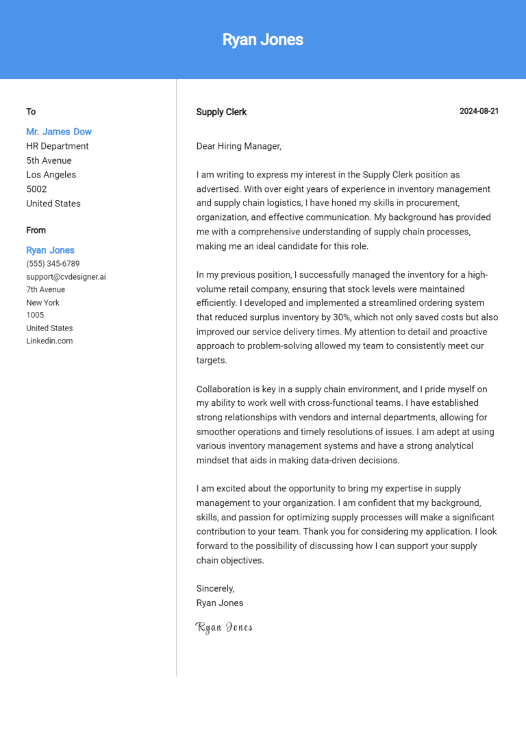Supply Clerk Cover Letter Example for 2025: Proven Tips
