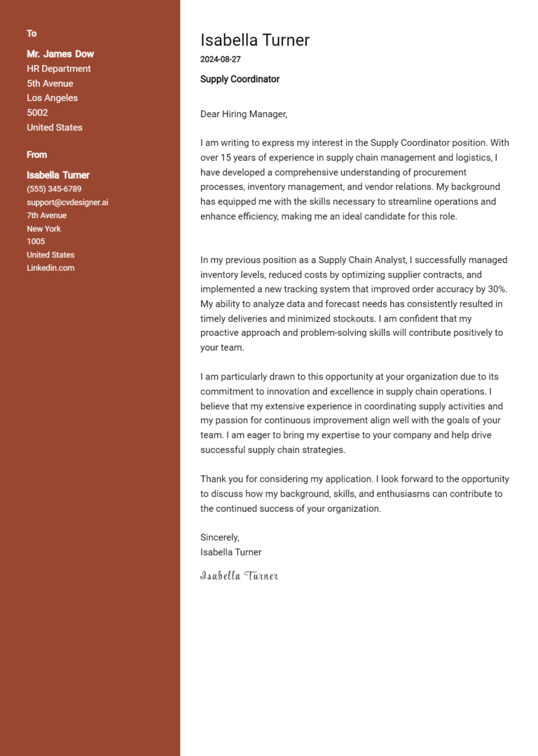 Supply Coordinator Cover Letter Samples & Examples 2025