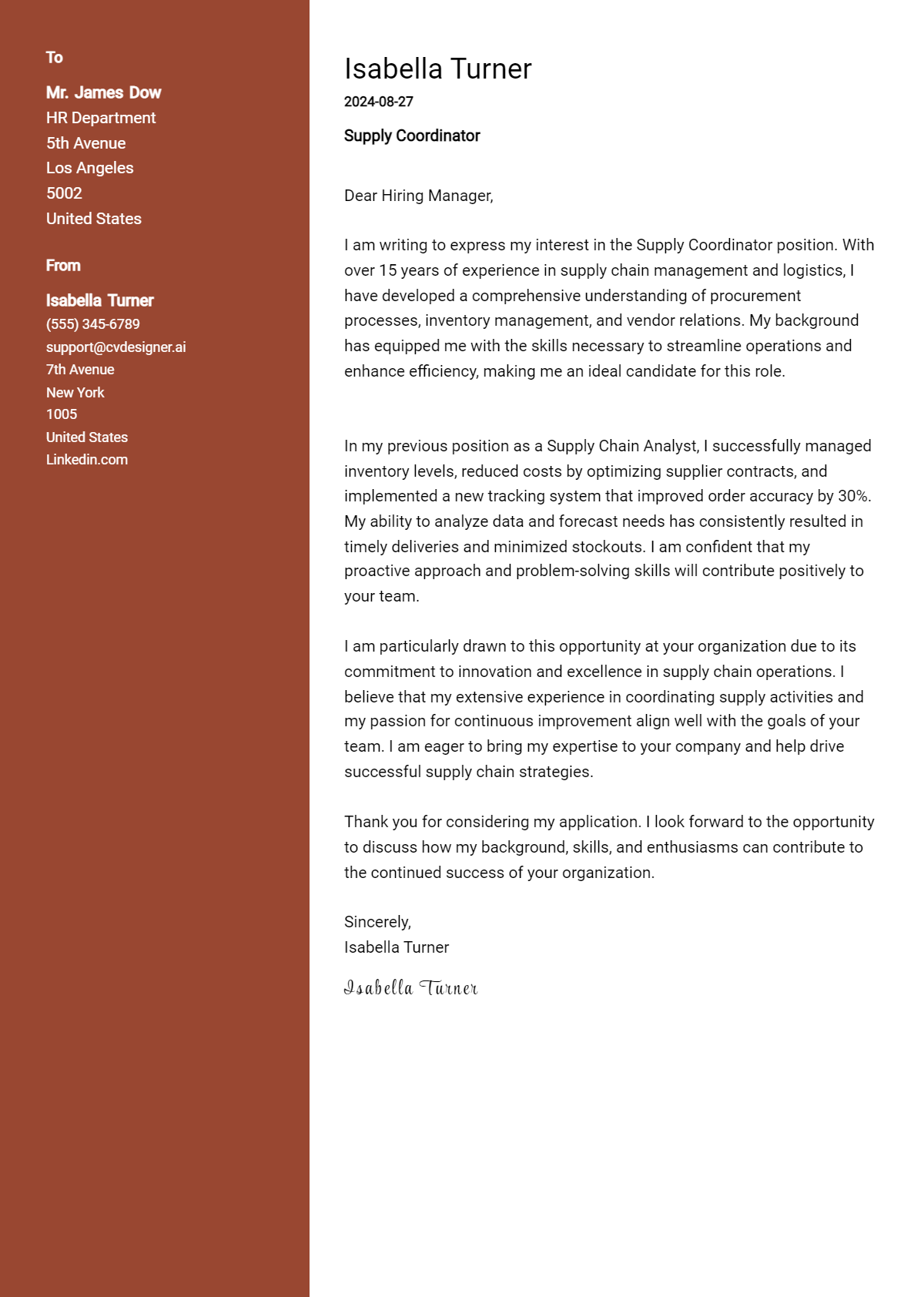 supply coordinator cover letter example