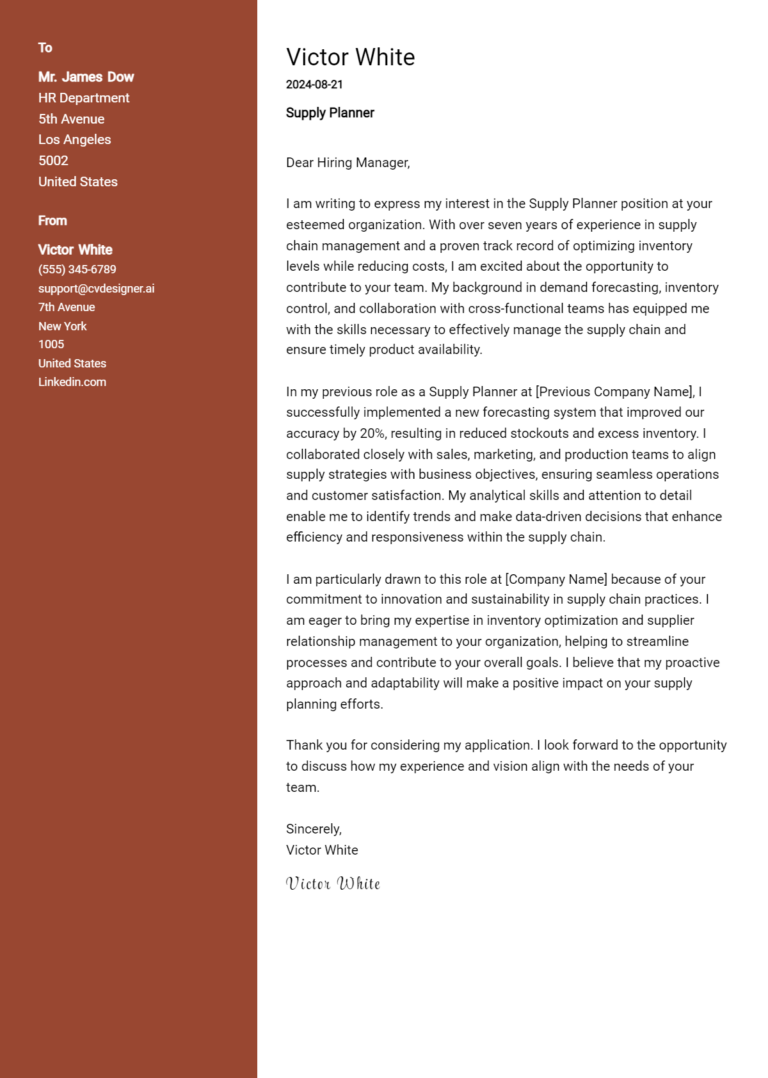 Supply Planner Cover Letter Example for 2025 (Writing Guide)