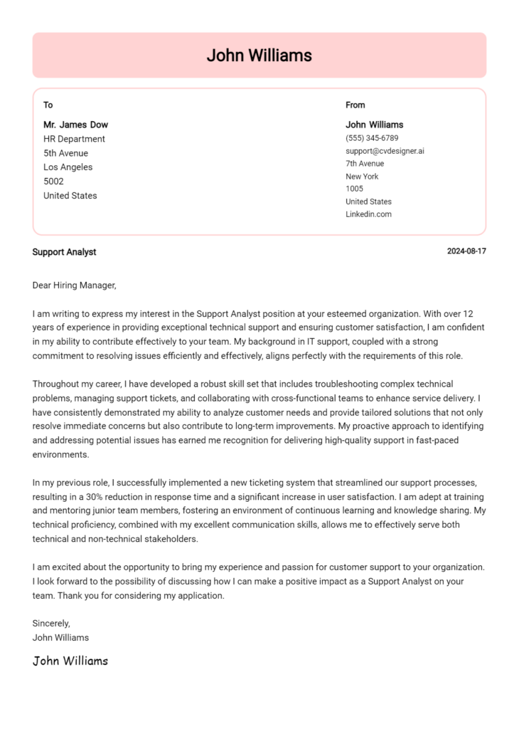 support analyst cover letter example