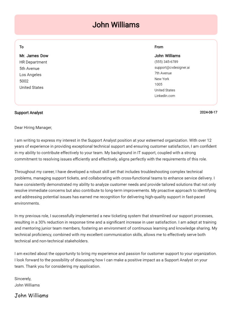 Support Analyst Cover Letter Example for 2025: Free Templates