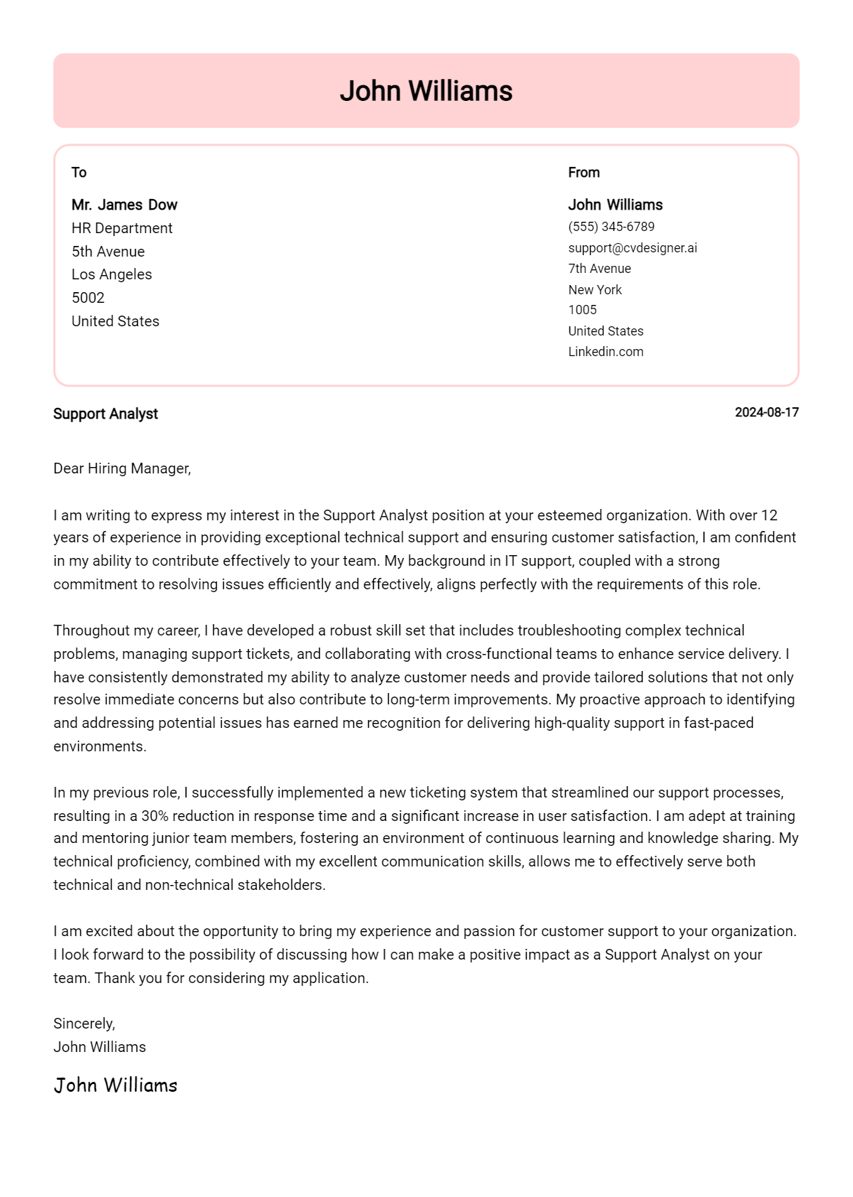 support analyst cover letter example