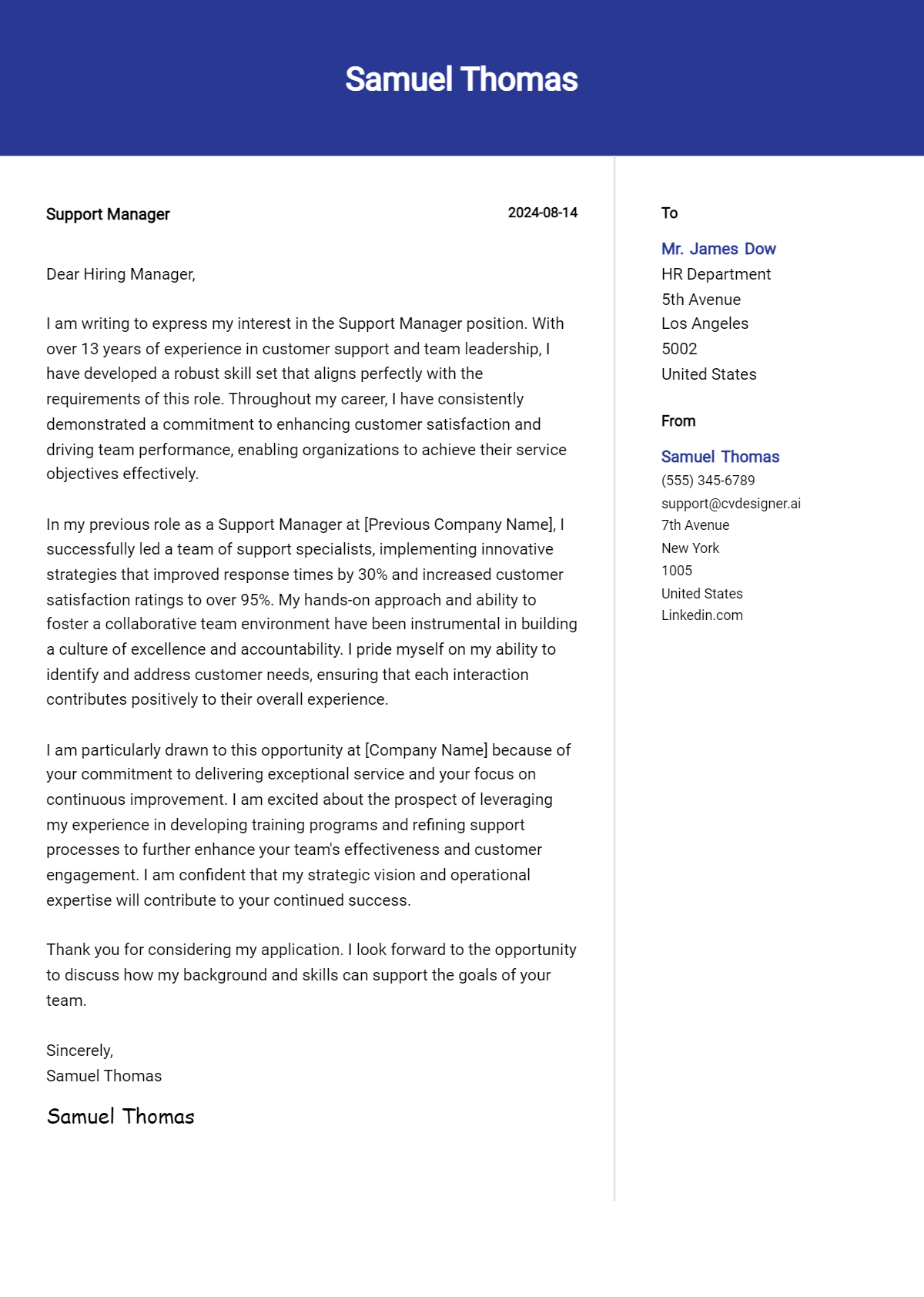 support manager cover letter example