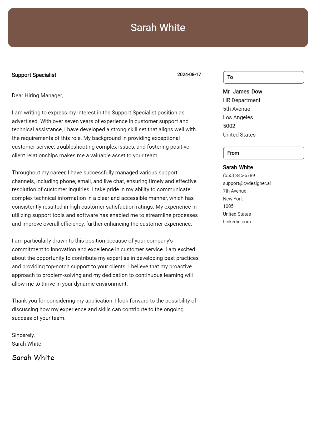 support specialist cover letter example