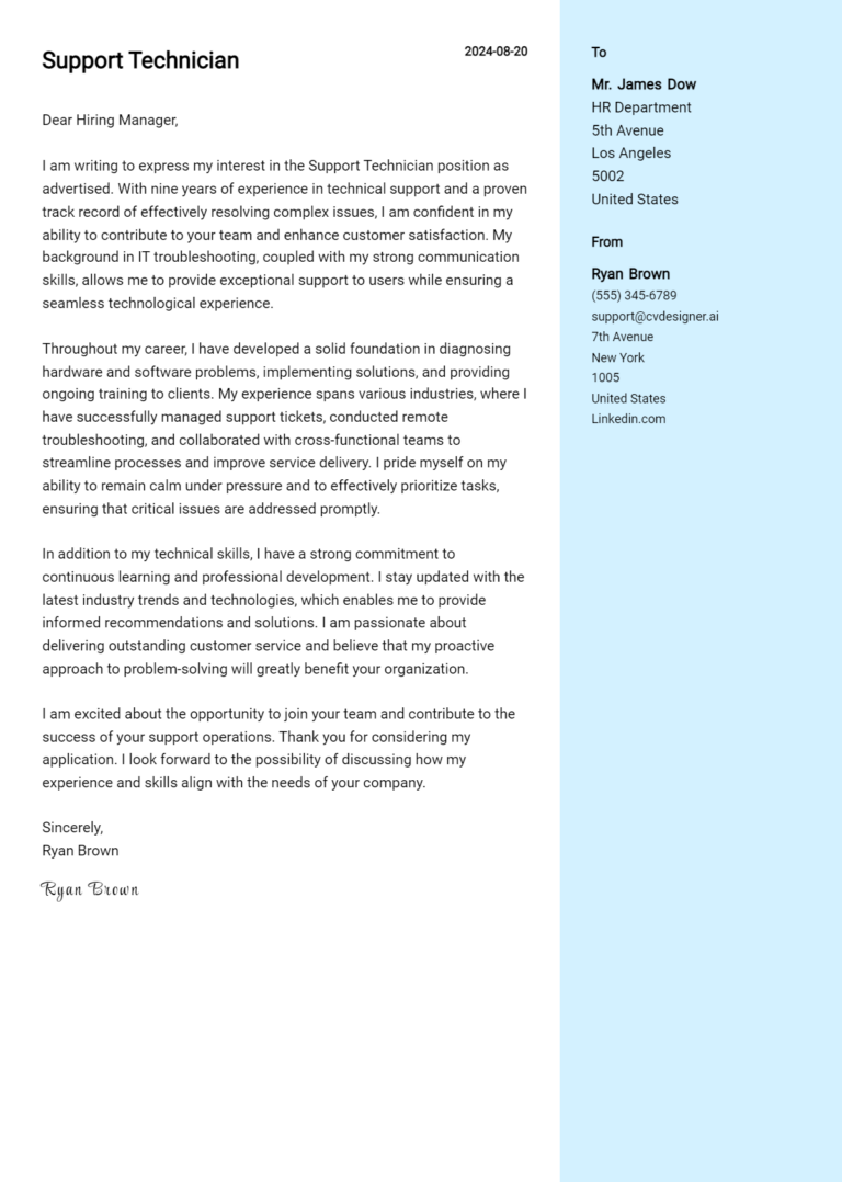 Support Technician Cover Letter Example for 2025: Proven Tips