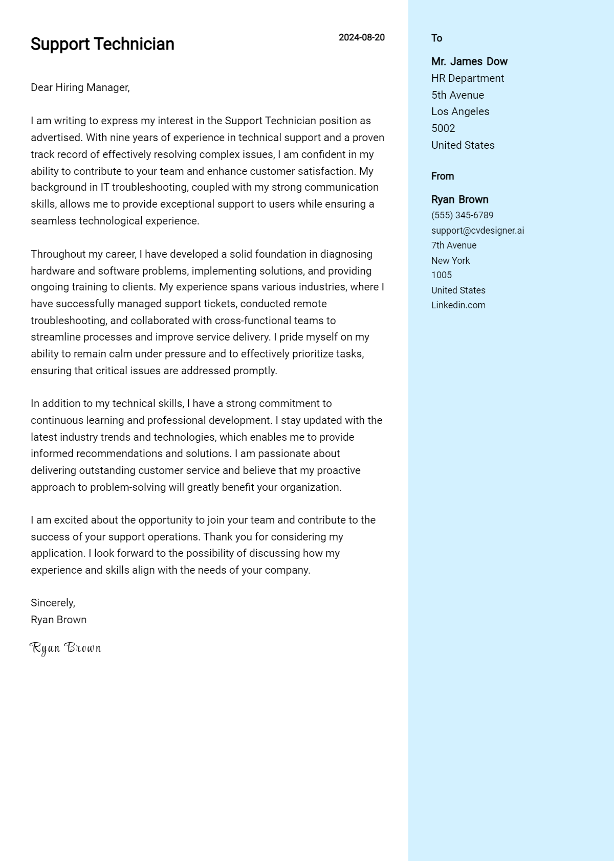 support technician cover letter example