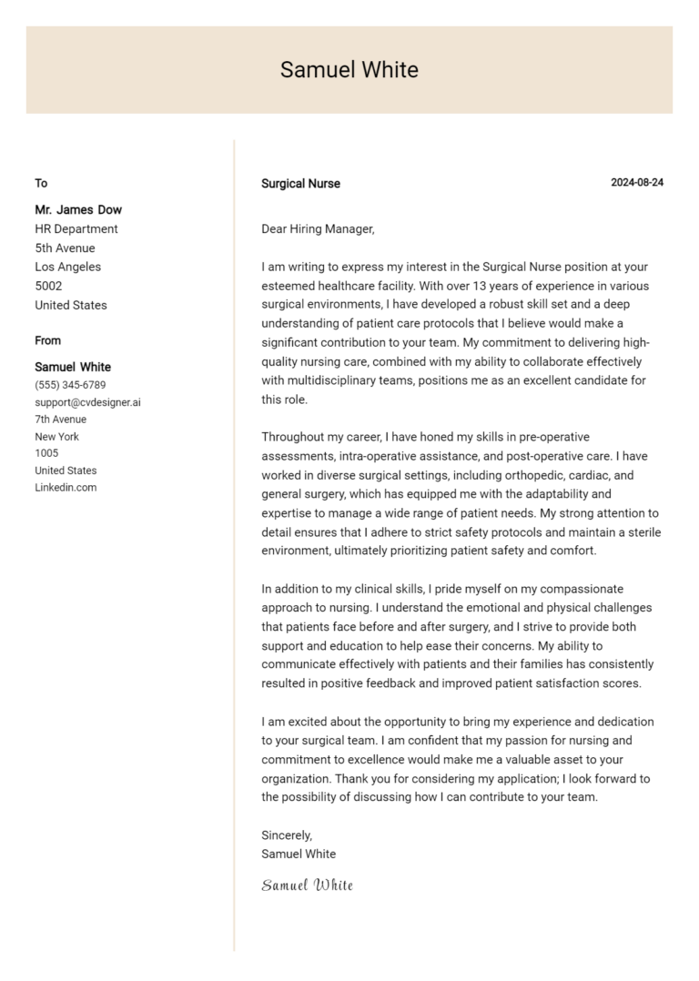 Surgical Nurse Cover Letter Examples & Samples for 2025