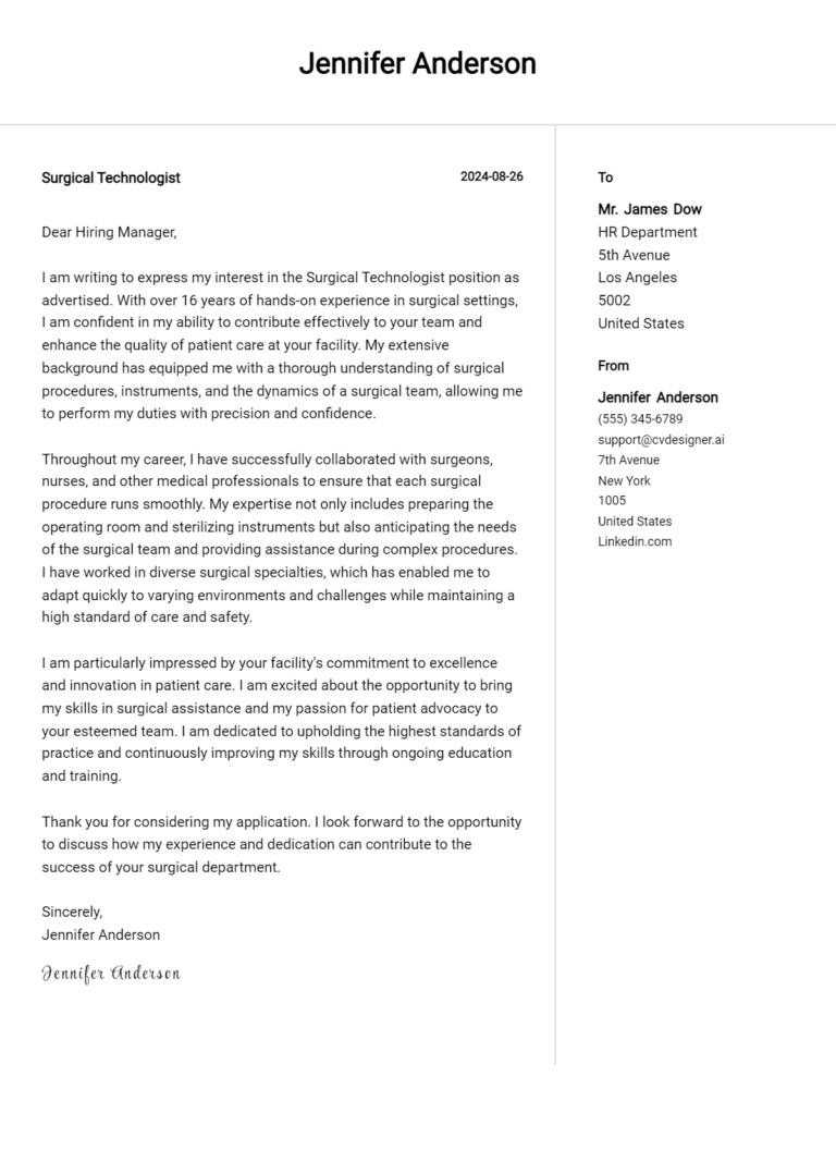 Surgical Technologist Cover Letter Examples & Samples for 2025