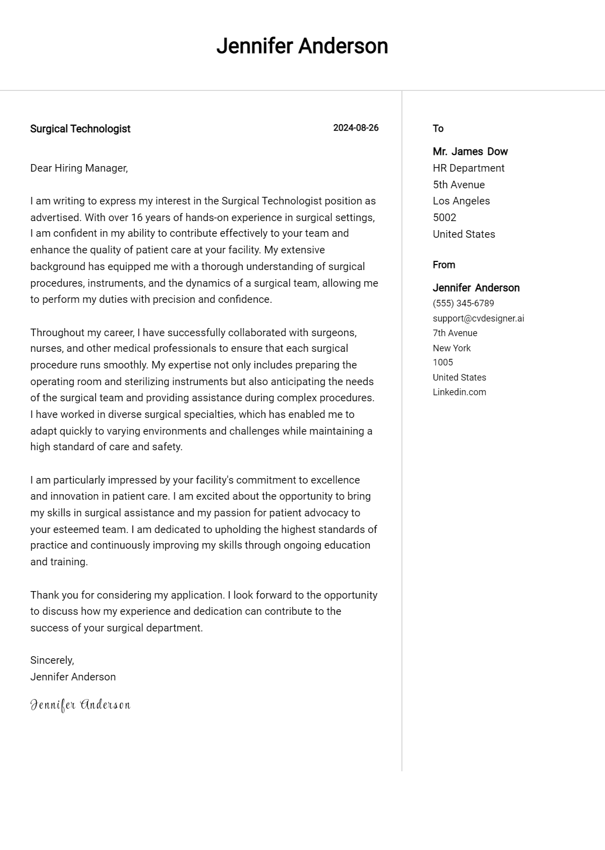 surgical technologist cover letter example