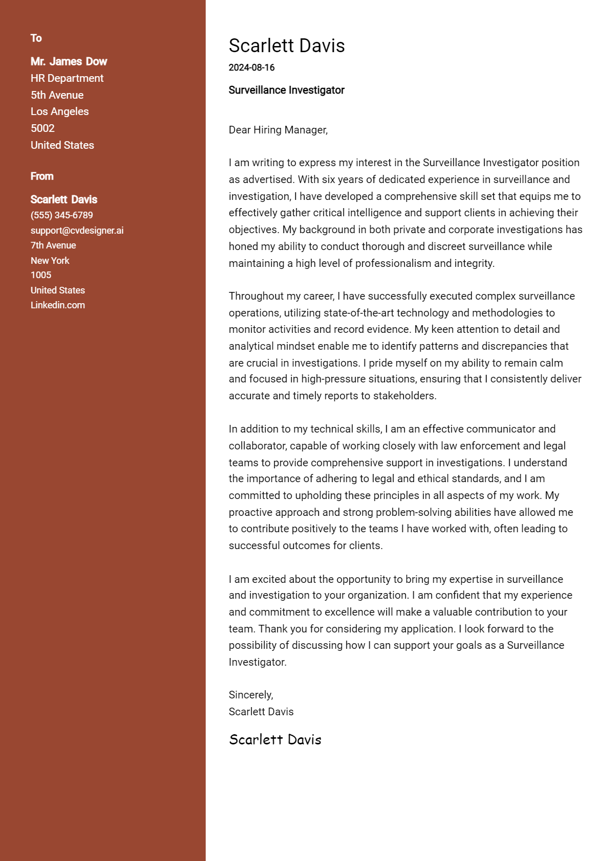 surveillance investigator cover letter example