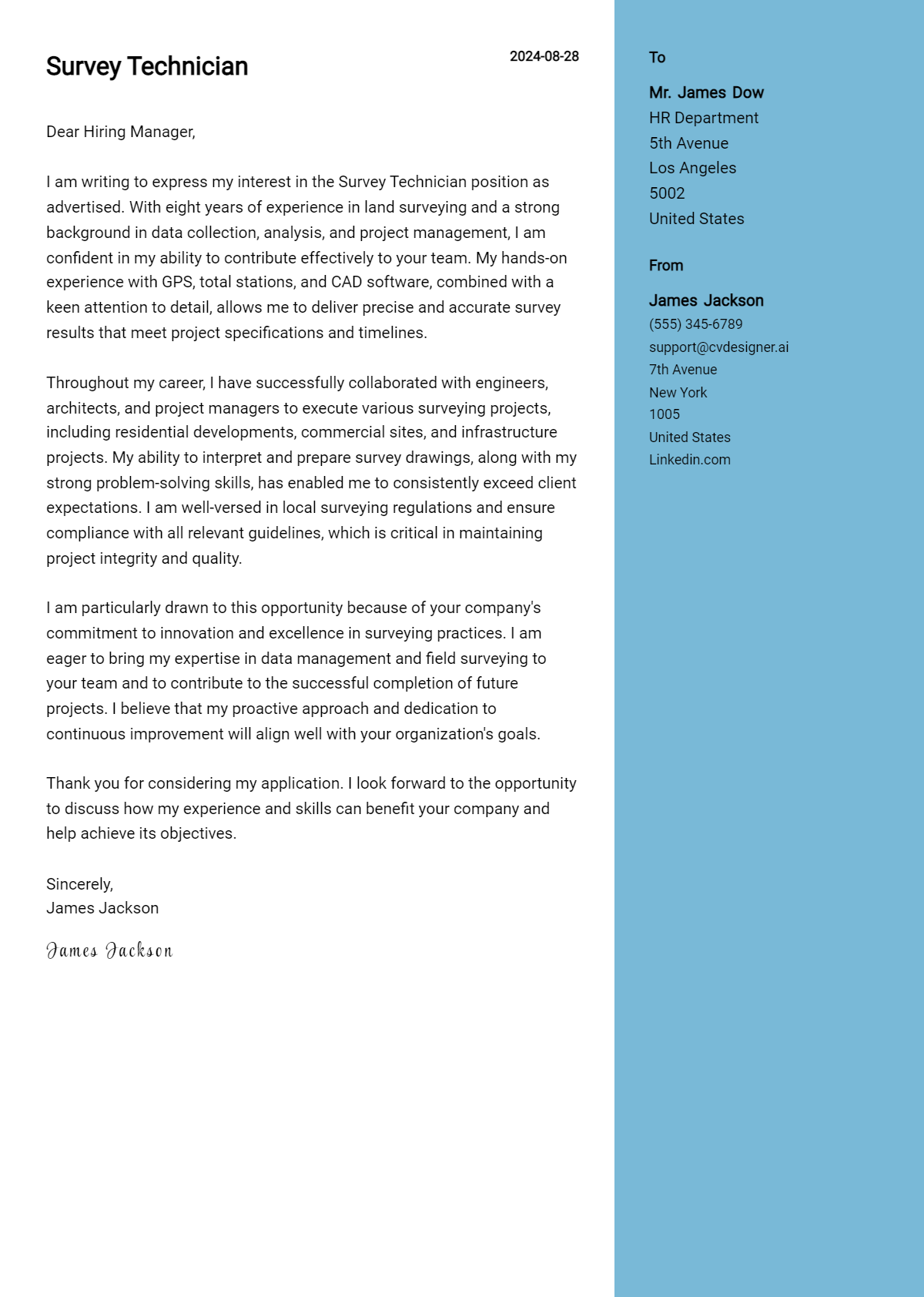 survey technician cover letter example