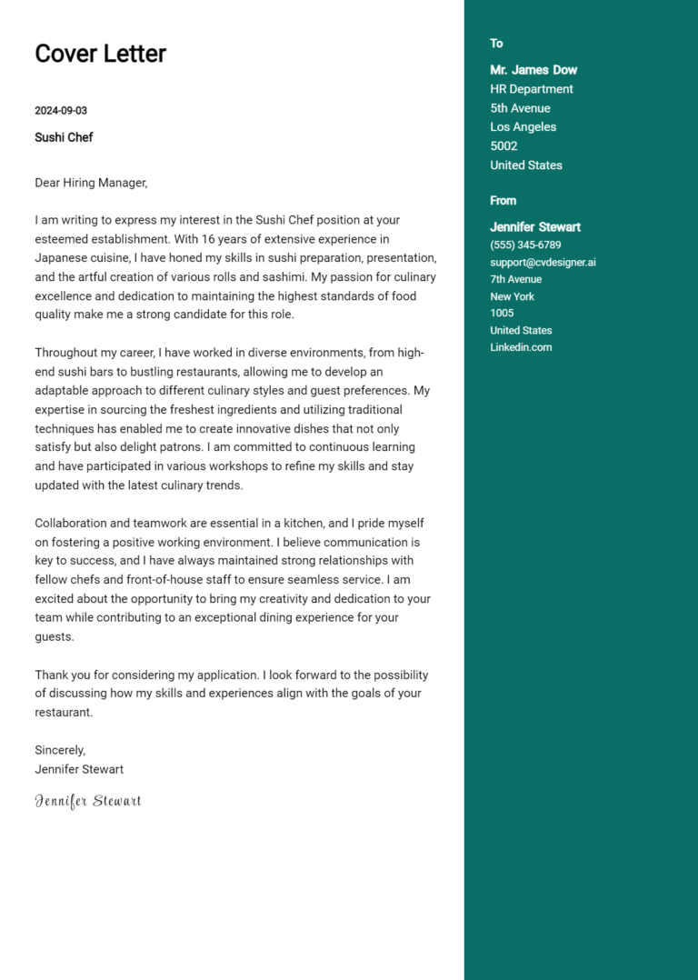 Sushi Chef Cover Letter Example for 2025 (Complete Writing Guide)