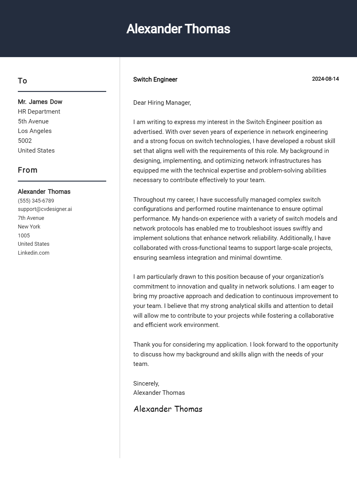 switch engineer cover letter example