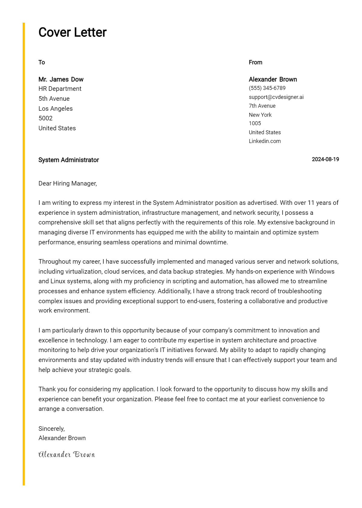system administrator cover letter example