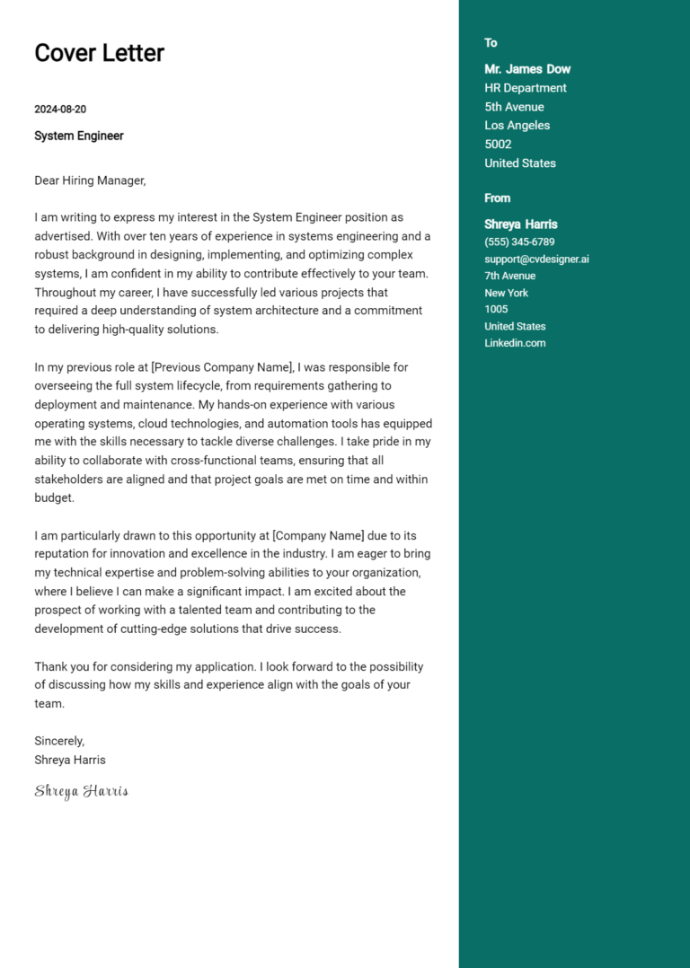System Engineer Cover Letter Examples & Samples for 2025