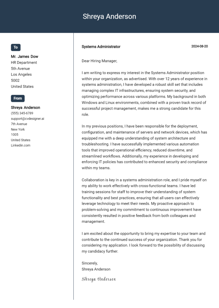 Systems Administrator Cover Letter Example for 2025: Proven Tips