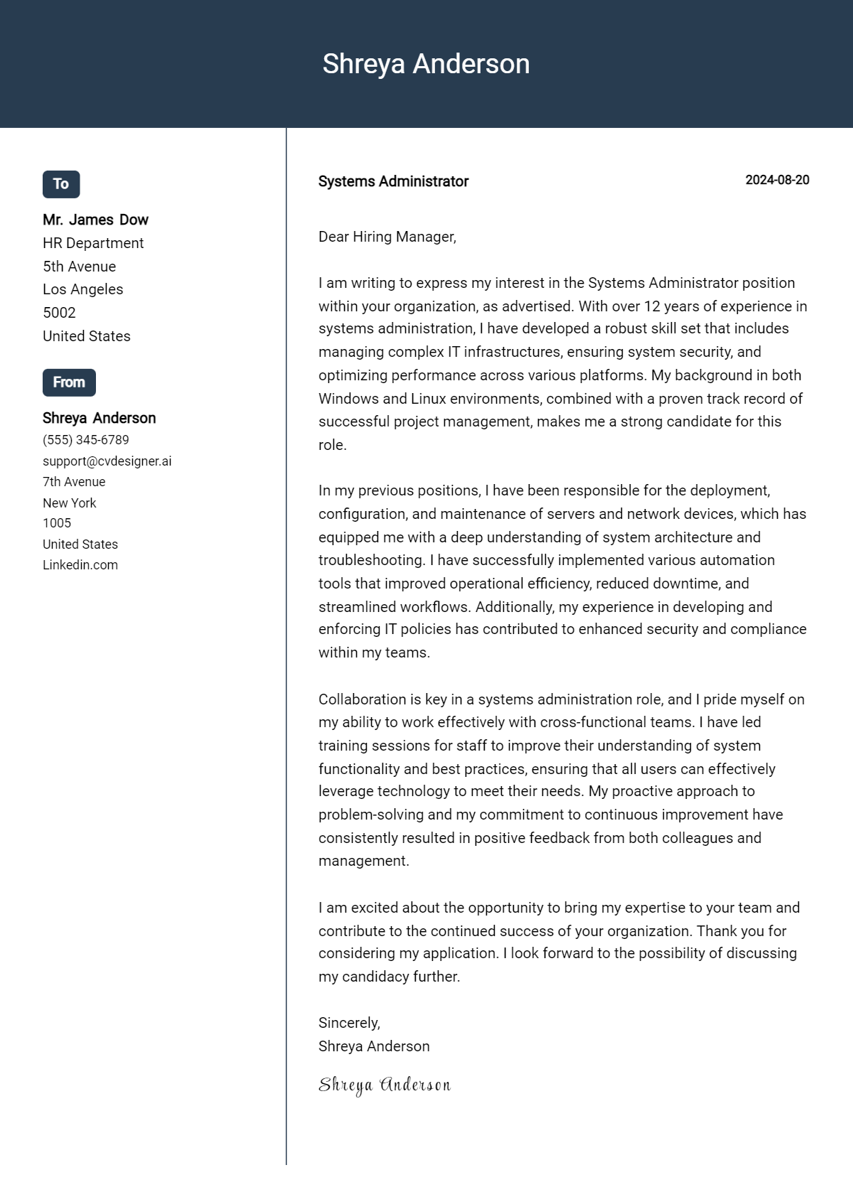systems administrator cover letter example