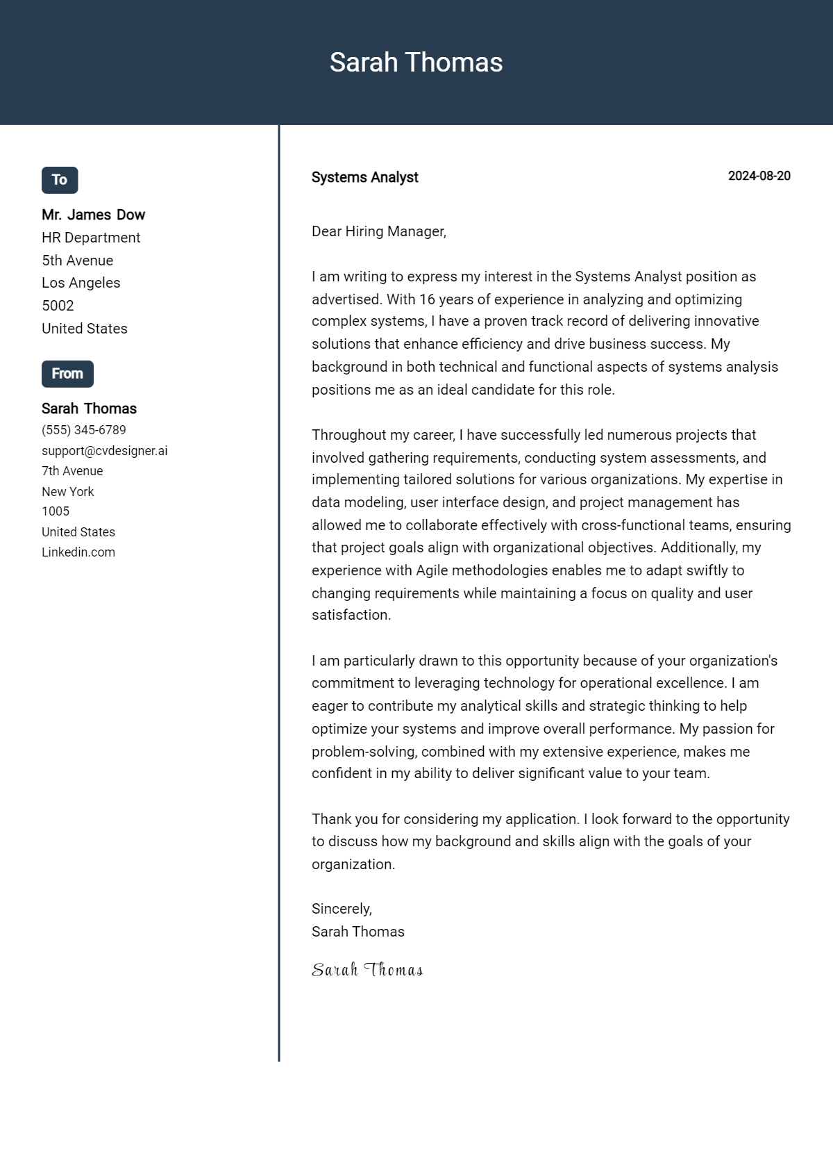 systems analyst cover letter example