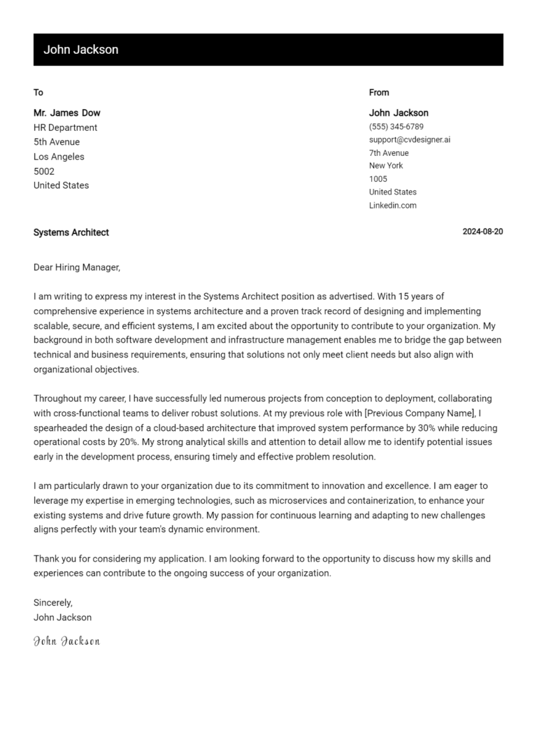 Systems Architect Cover Letter Example for 2025: Top CV Skills