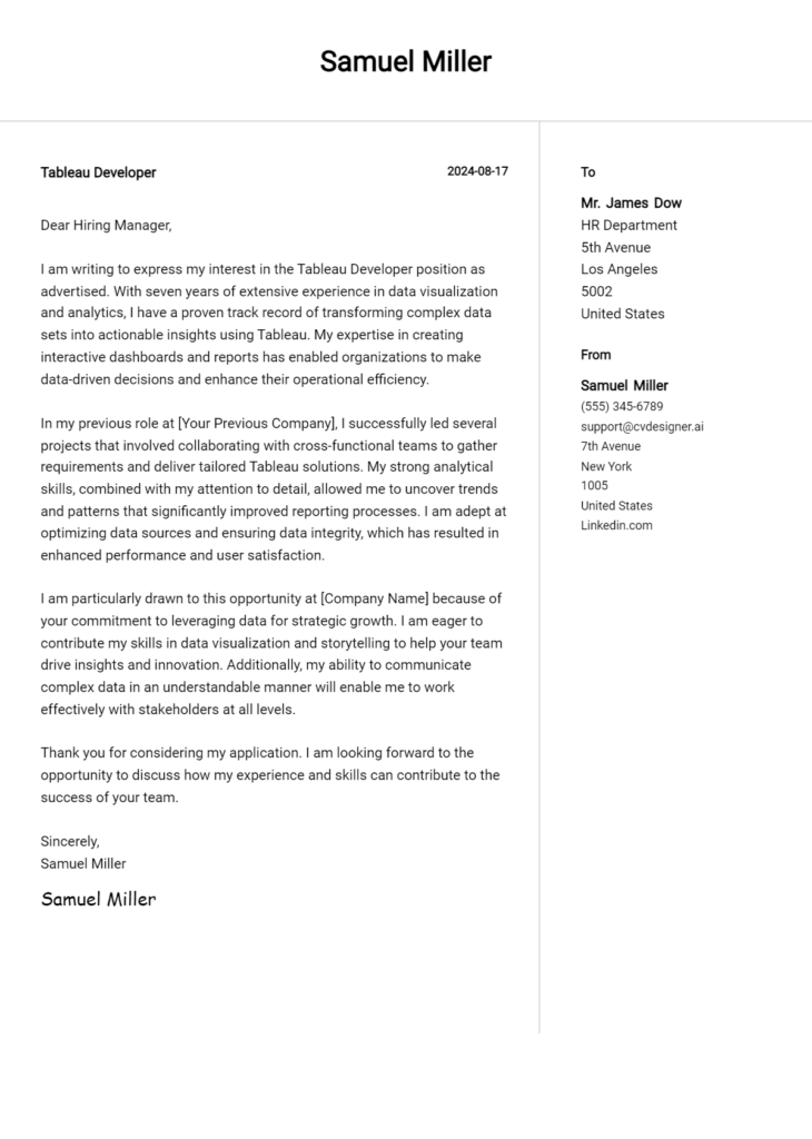 tableau developer cover letter example