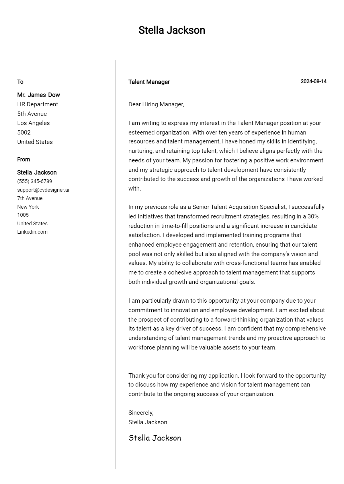 talent manager cover letter example