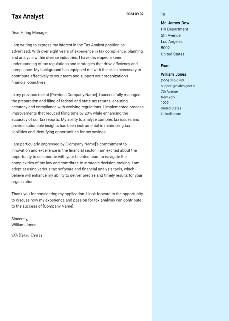 Tax Analyst Cover Letter Example for 2025: Free Templates