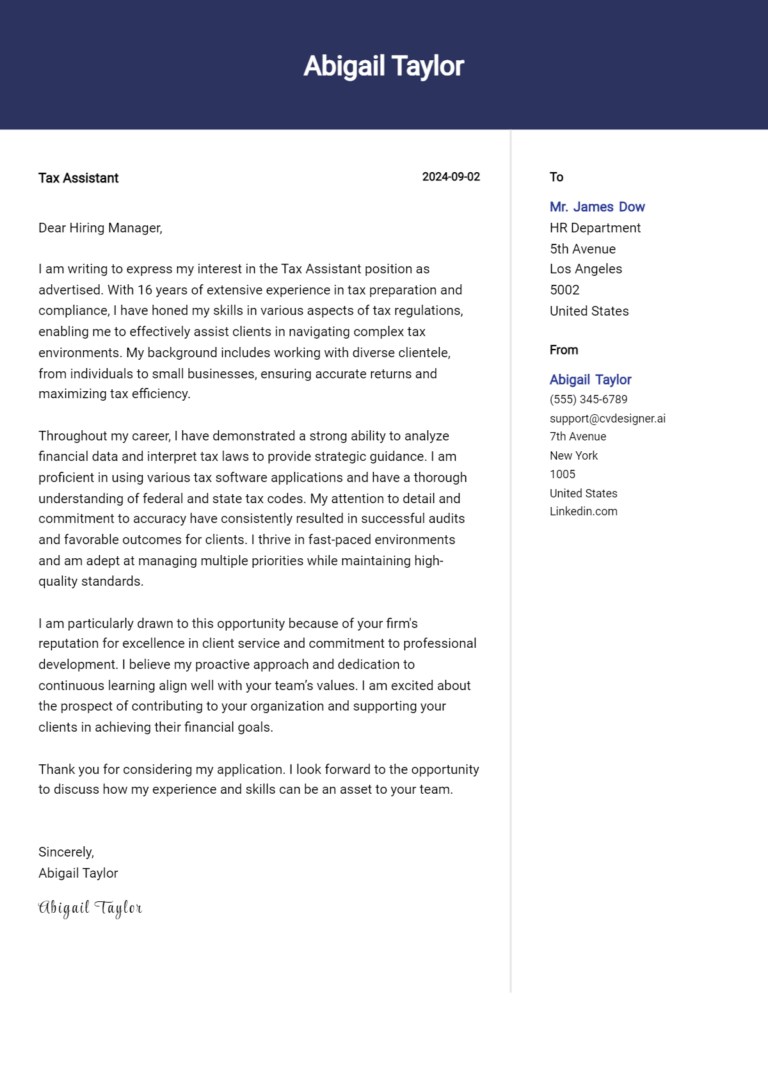 15 Tax Assistant Cover Letter Examples with Writing Tips for 2025 1 15 Tax Assistant Cover Letter Examples with Writing Tips for 2025