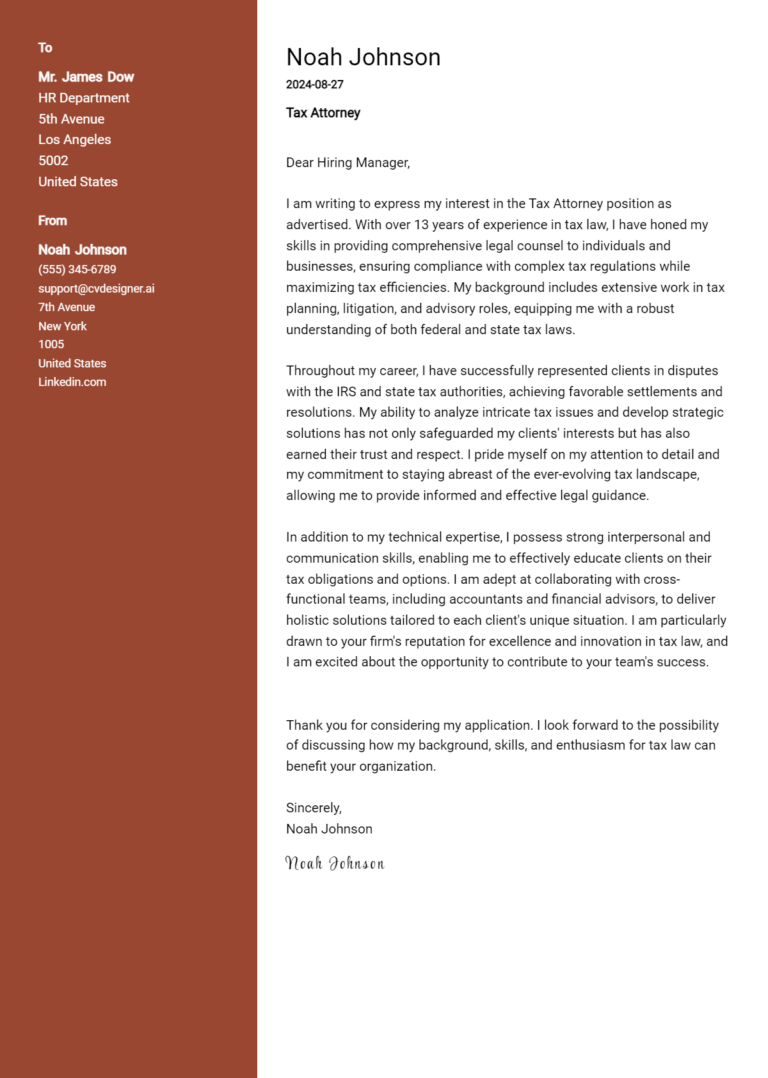 Tax Attorney Cover Letter Example for 2025 (Free Templates)