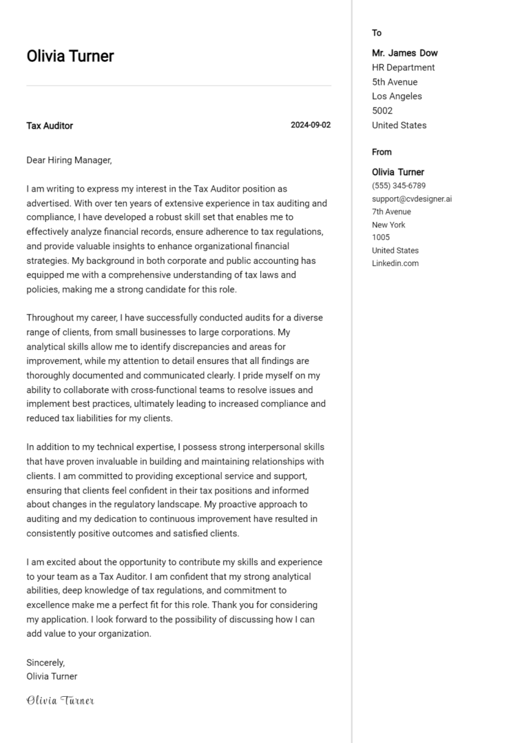 15 Tax Auditor Cover Letter Examples for 2025 (Download Templates)