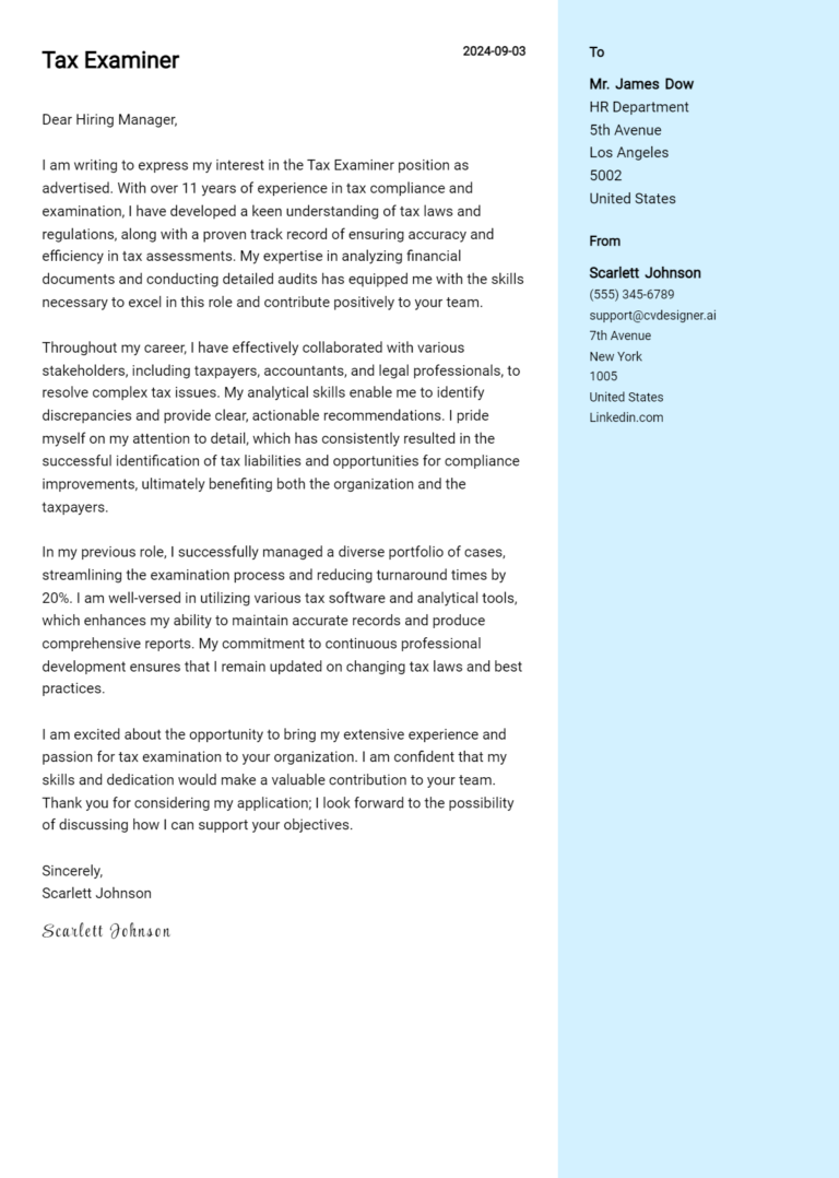 Tax Examiner Cover Letter Example for 2025: Expert Tips & Templates