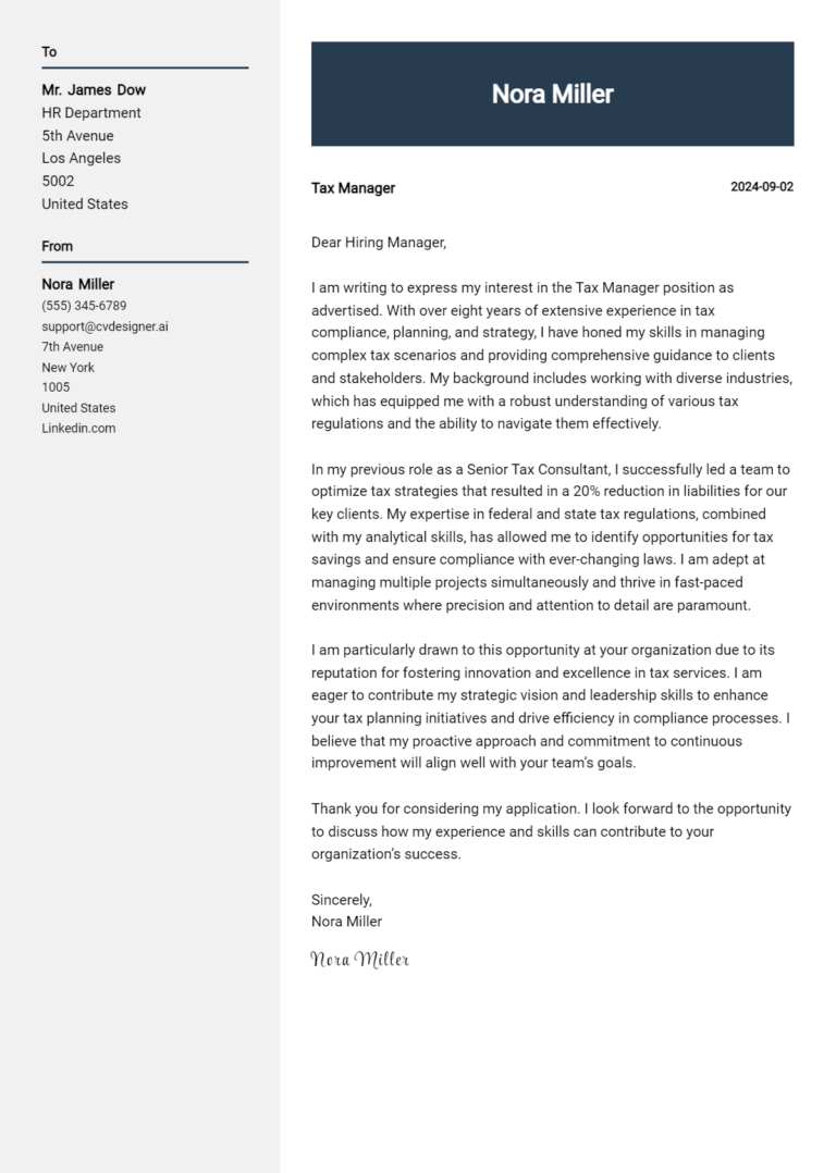 Tax Manager Cover Letter Examples with Writing Tips for 2025