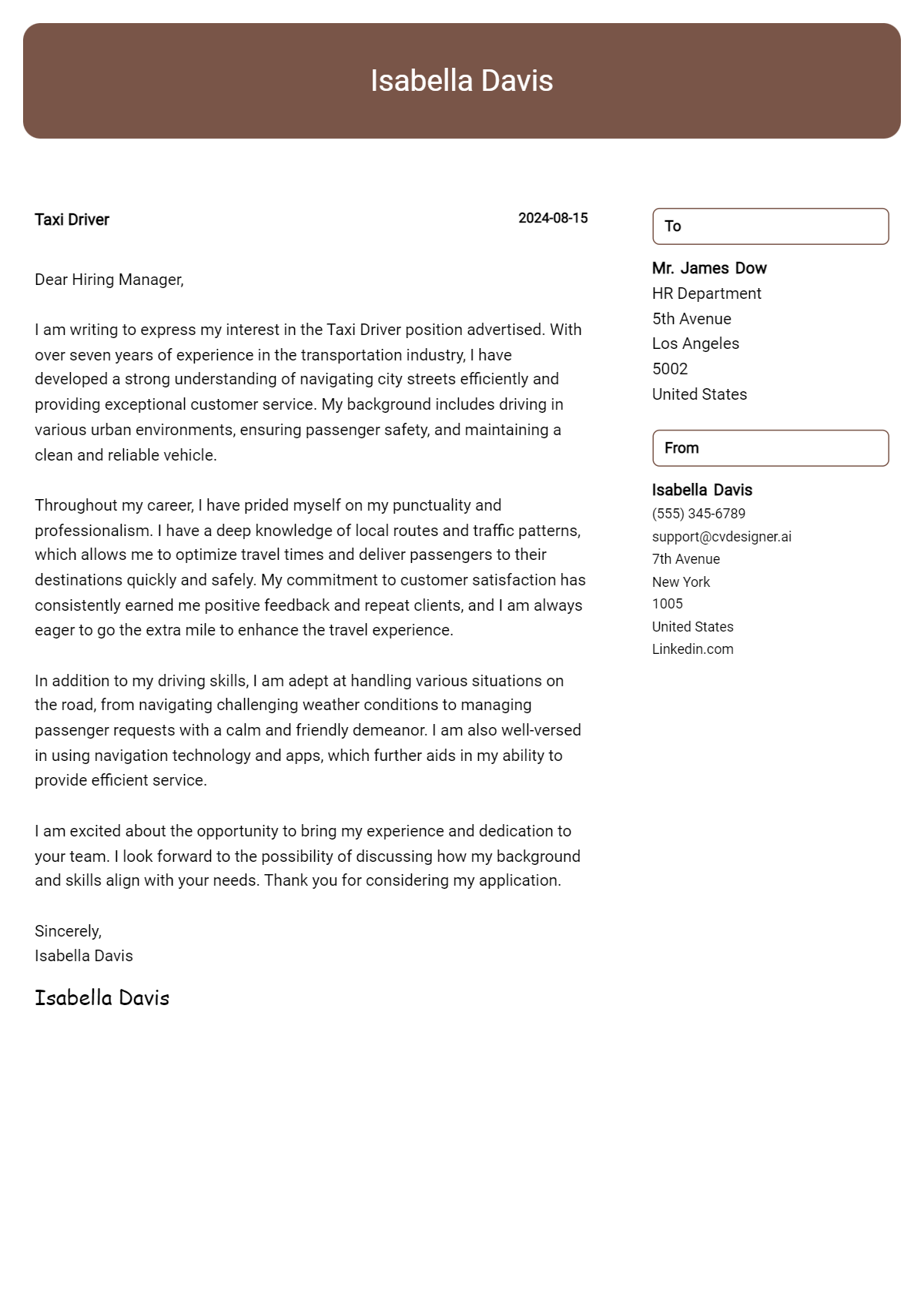 taxi driver cover letter example