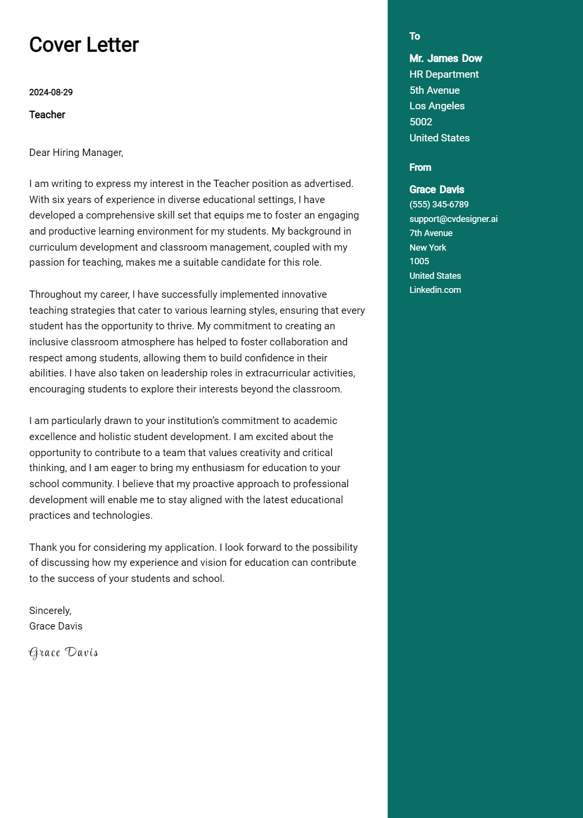 teacher cover letter example