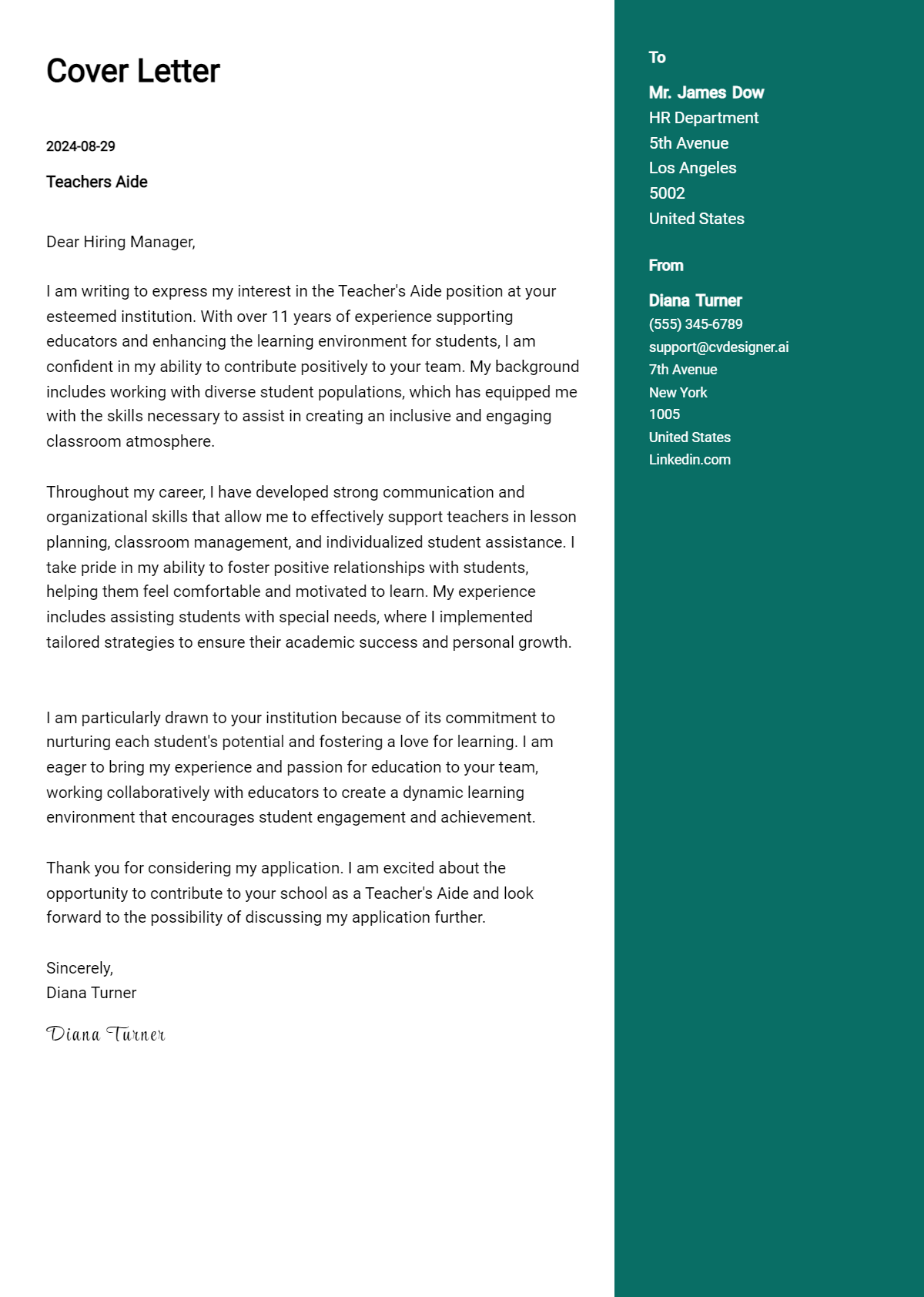 teachers aide cover letter example