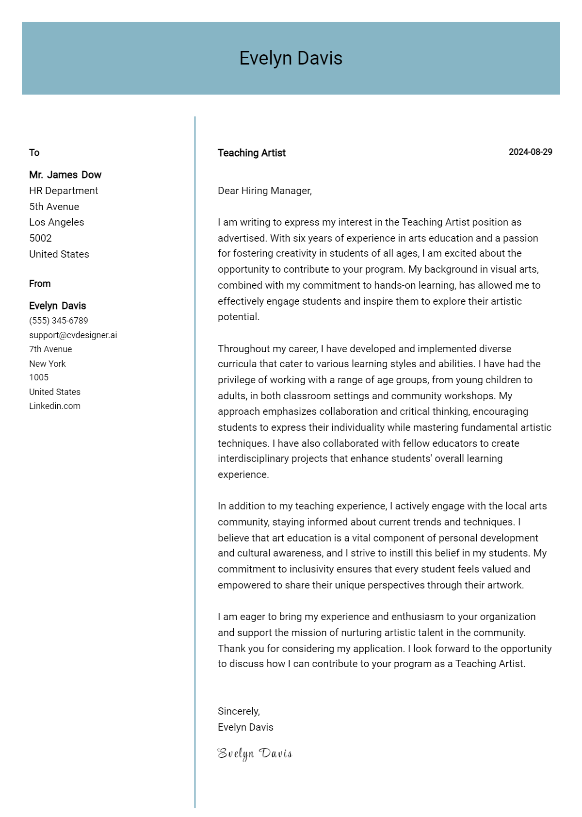 teaching artist cover letter example