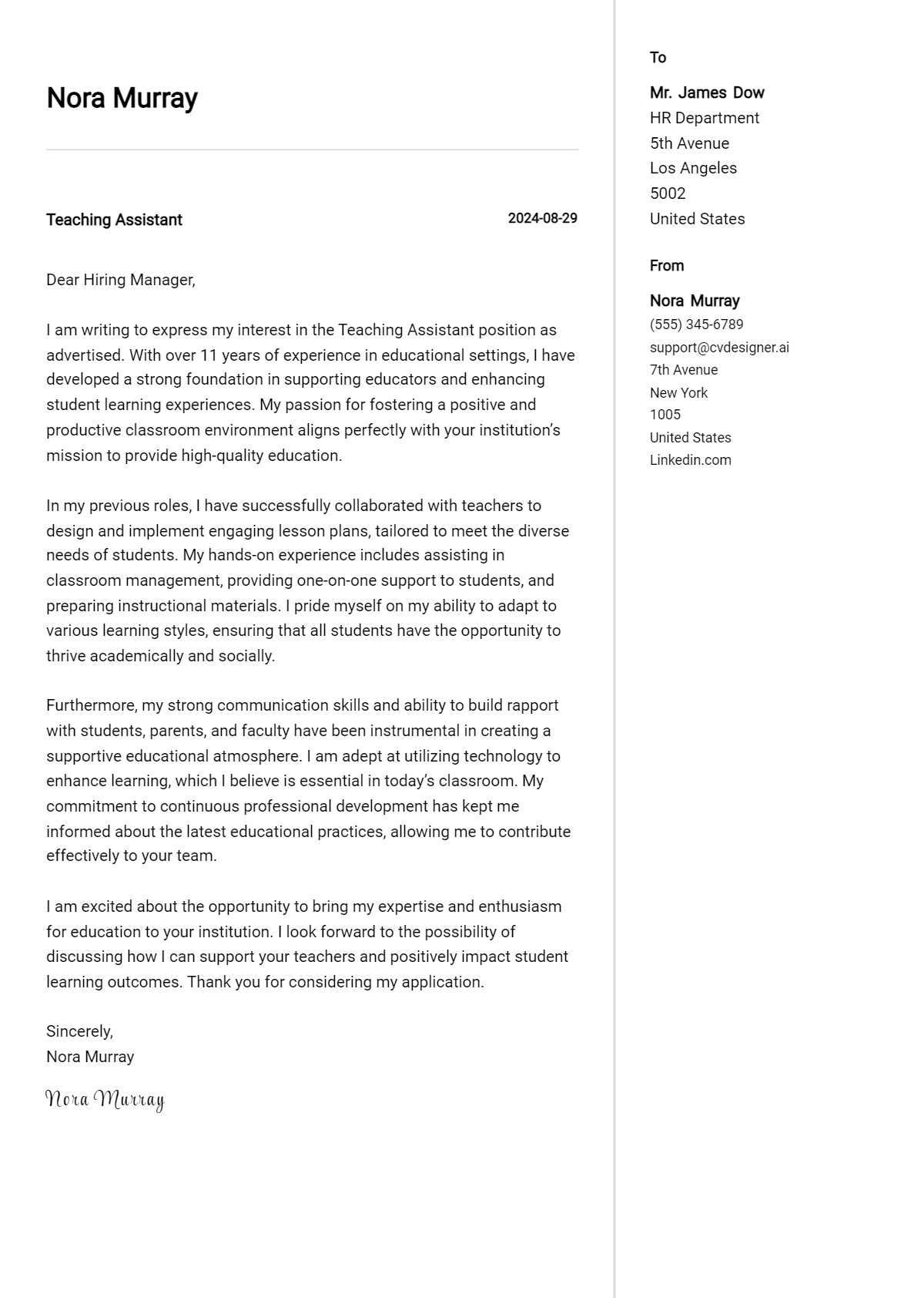 teaching assistant cover letter example
