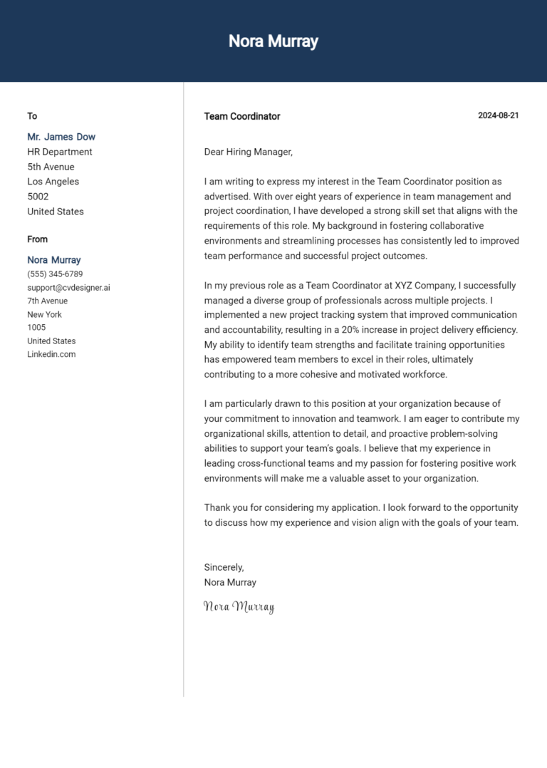 Team Coordinator Cover Letter Example for 2025: Tips & Templates
