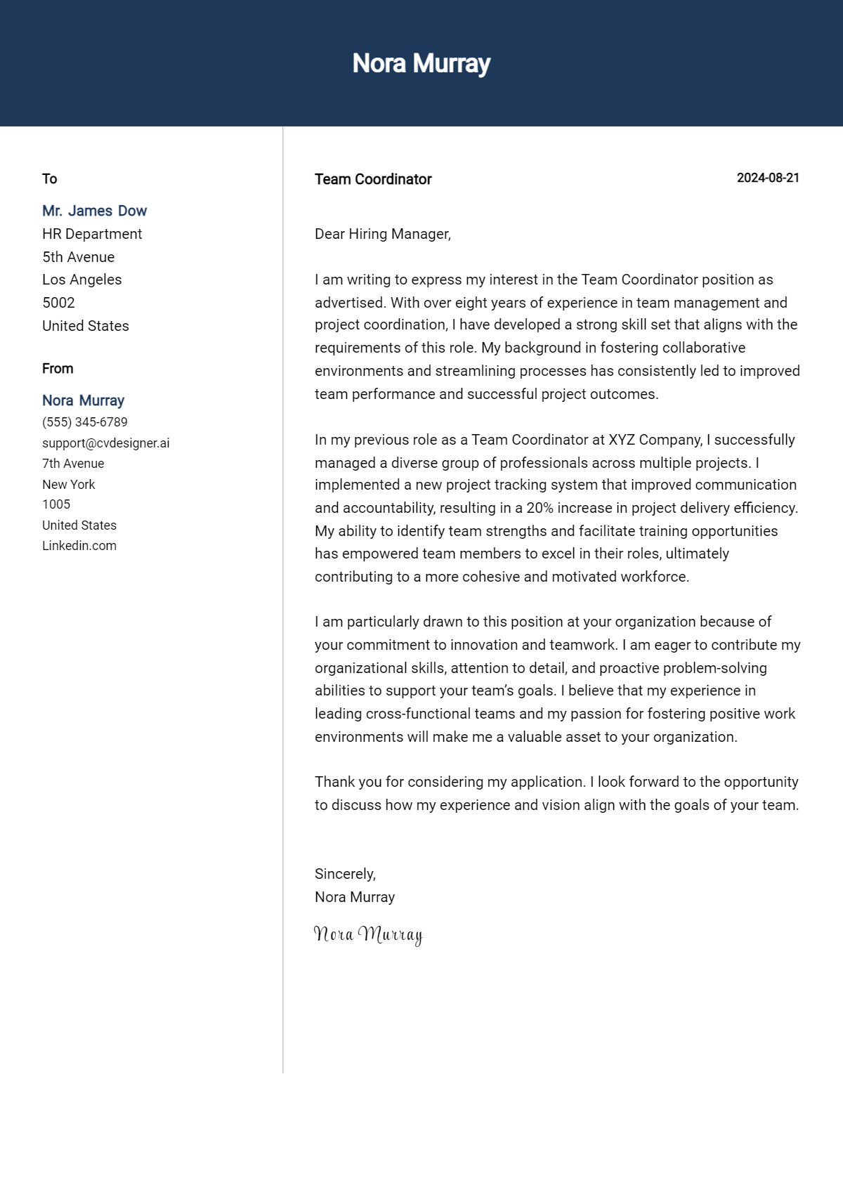 team coordinator cover letter example