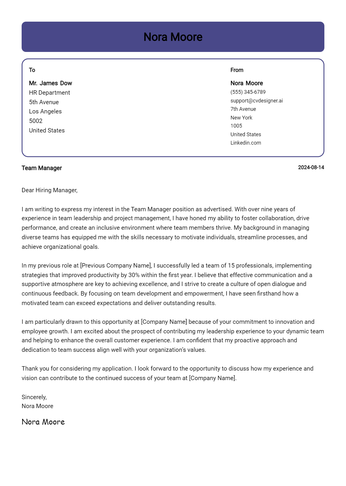 team manager cover letter example