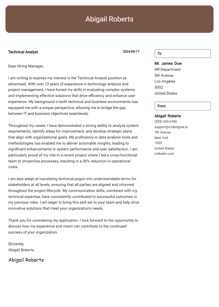 technical analyst cover letter example