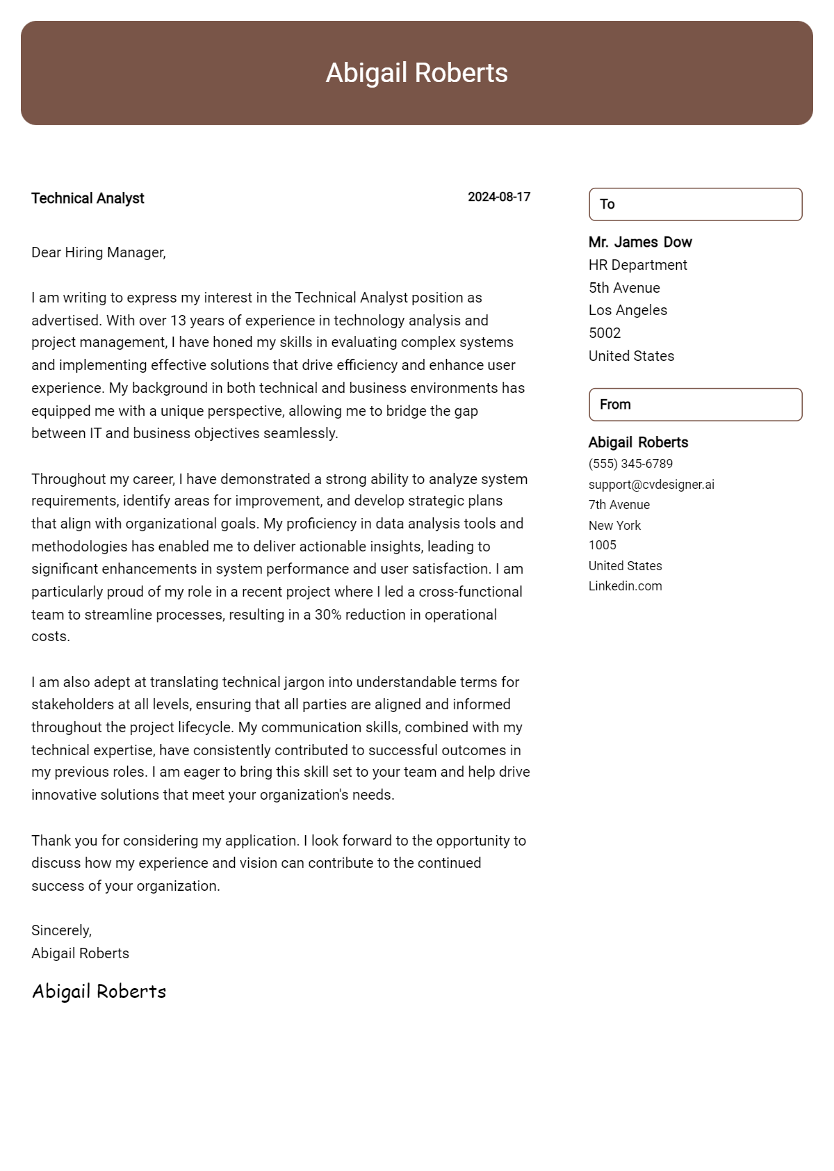 technical analyst cover letter example