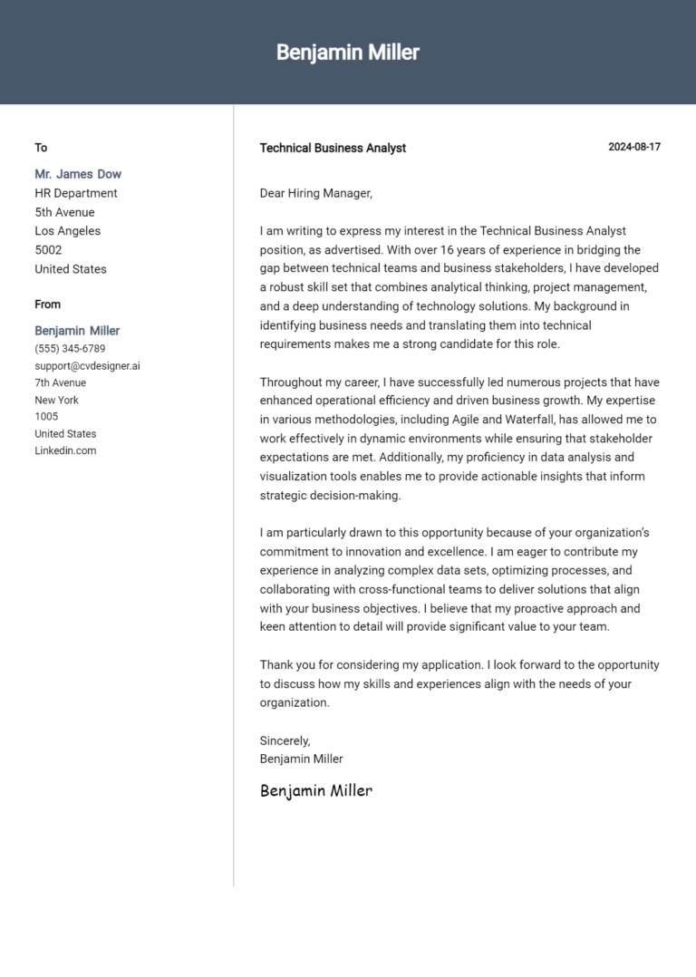 Technical Business Analyst Cover Letter Examples with Writing Tips for 2025