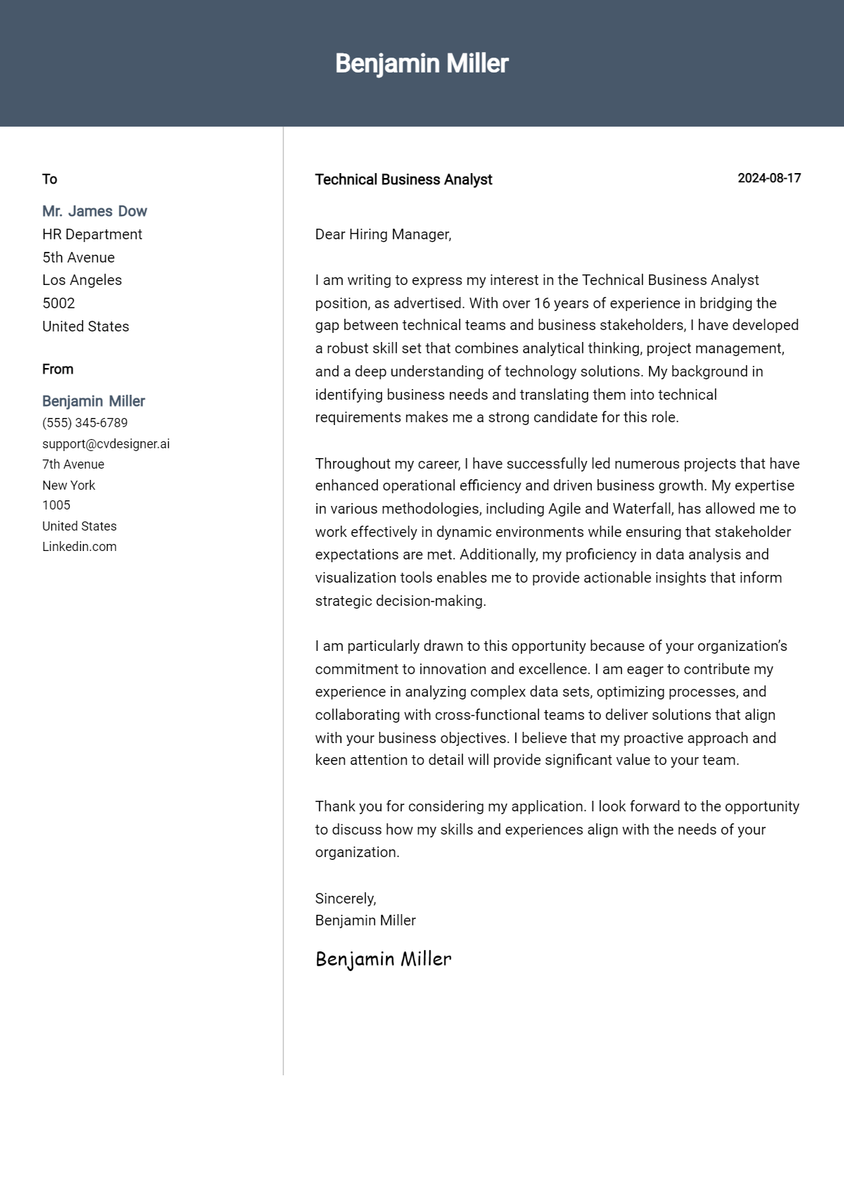 technical business analyst cover letter example