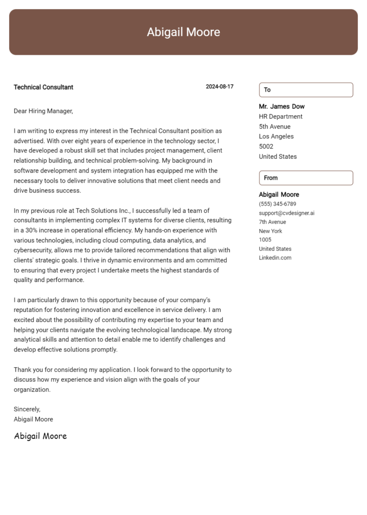 technical consultant cover letter example