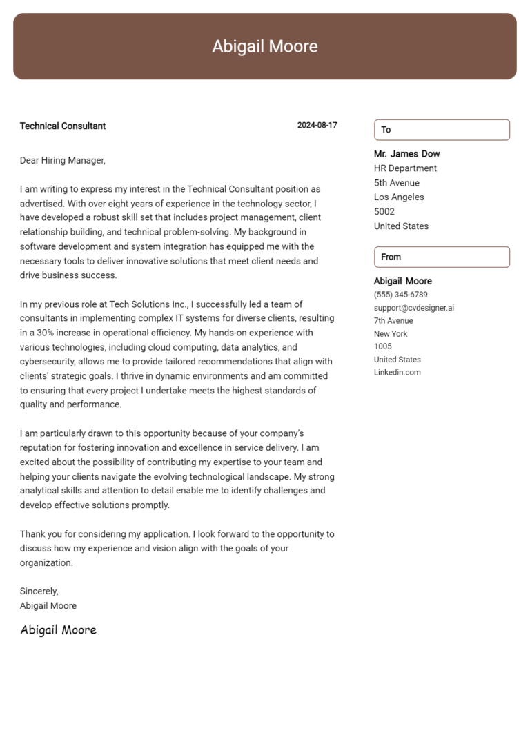 17 Technical Consultant Cover Letter Examples for 2025 (Download Templates)