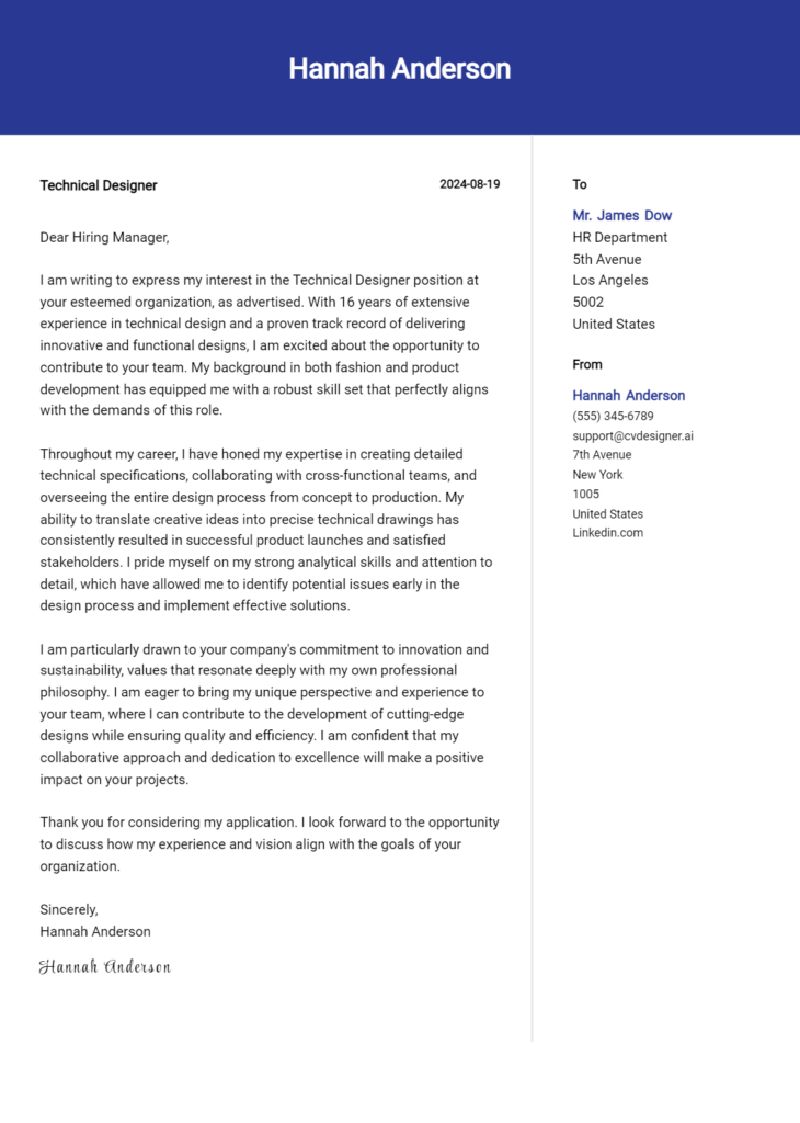 technical designer cover letter example