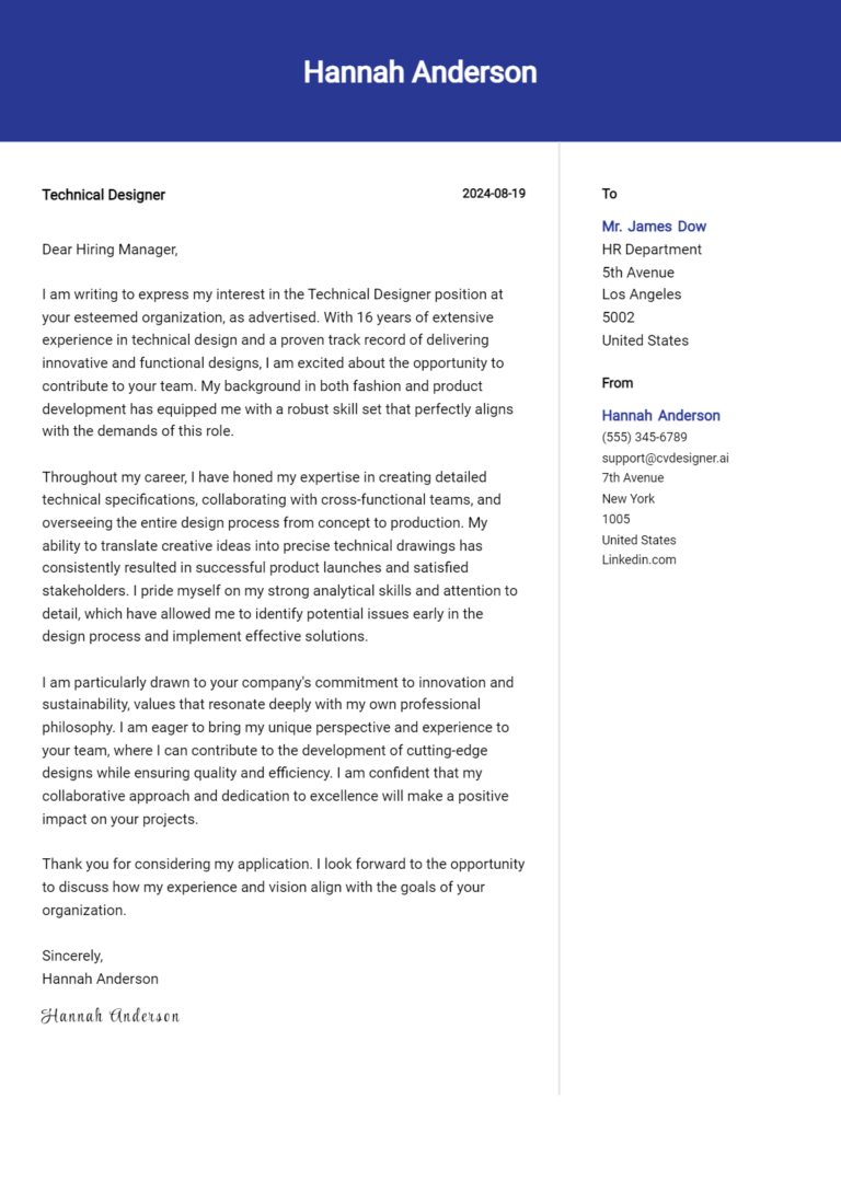 Technical Designer Cover Letter Example for 2025: Expert Tips & Templates